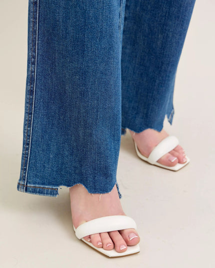 Judy Blue Full Size High Waist Tummy Control Chew Hem Destroy Wide Jeans Plus Size - THE AMERICAN BLUE