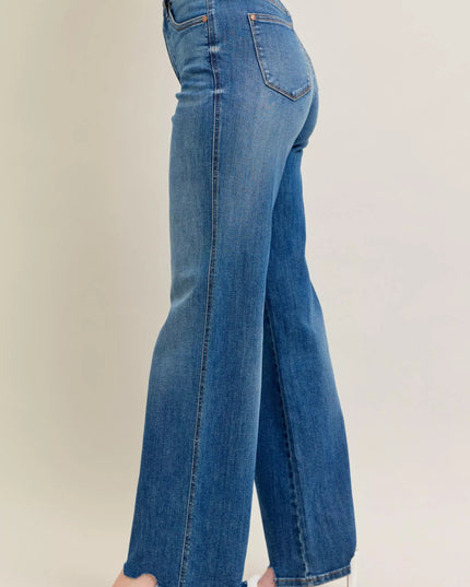 Judy Blue Full Size High Waist Tummy Control Chew Hem Destroy Wide Jeans Plus Size - THE AMERICAN BLUE