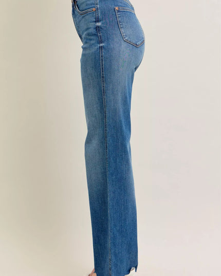 Judy Blue Full Size High Waist Tummy Control Chew Hem Destroy Wide Jeans Plus Size - THE AMERICAN BLUE