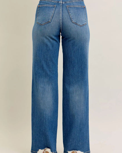 Judy Blue Full Size High Waist Tummy Control Chew Hem Destroy Wide Jeans Plus Size - THE AMERICAN BLUE