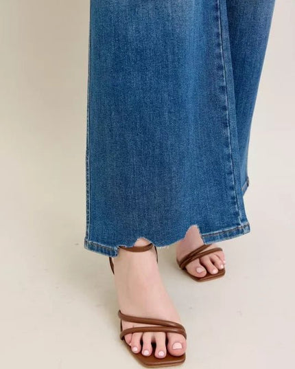 Judy Blue Full Size High Waist Tummy Control Chew Hem Destroy Wide Jeans Plus Size - THE AMERICAN BLUE