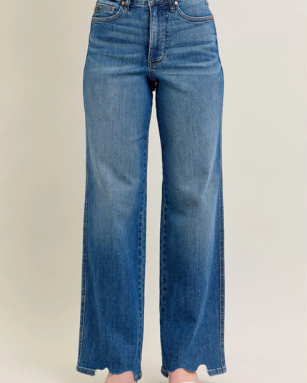 Judy Blue Full Size High Waist Tummy Control Chew Hem Destroy Wide Jeans Plus Size - THE AMERICAN BLUE