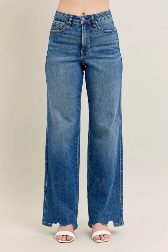 Judy Blue Full Size High Waist Tummy Control Chew Hem Destroy Wide Jeans Plus Size - THE AMERICAN BLUE