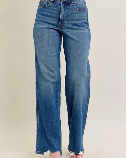 Judy Blue Full Size High Waist Tummy Control Chew Hem Destroy Wide Jeans Plus Size - THE AMERICAN BLUE