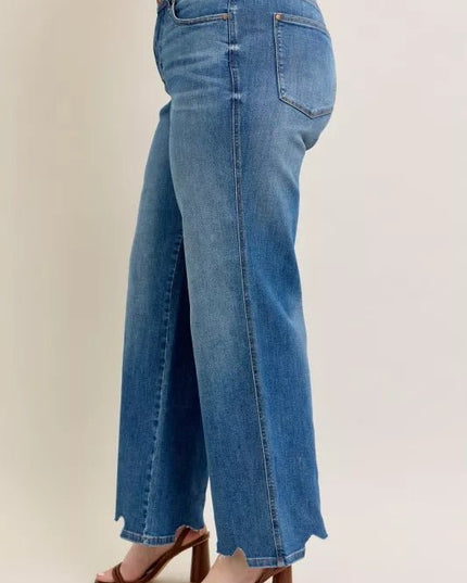 Judy Blue Full Size High Waist Tummy Control Chew Hem Destroy Wide Jeans Plus Size - THE AMERICAN BLUE