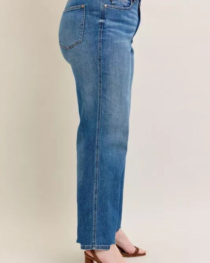 Judy Blue Full Size High Waist Tummy Control Chew Hem Destroy Wide Jeans Plus Size - THE AMERICAN BLUE