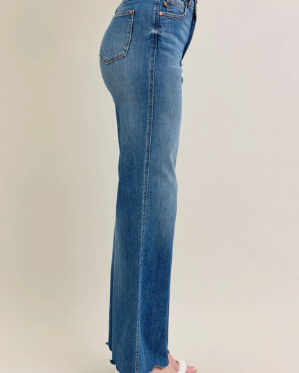 Judy Blue Full Size High Waist Tummy Control Chew Hem Destroy Wide Jeans Plus Size - THE AMERICAN BLUE