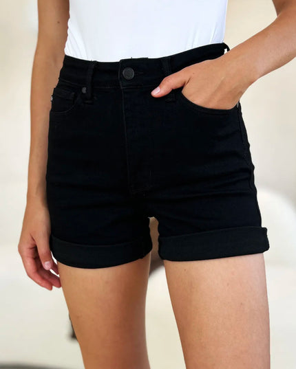 Judy Blue Full Size High Waist Tummy Control Cuffed Denim Shorts - THE AMERICAN BLUE