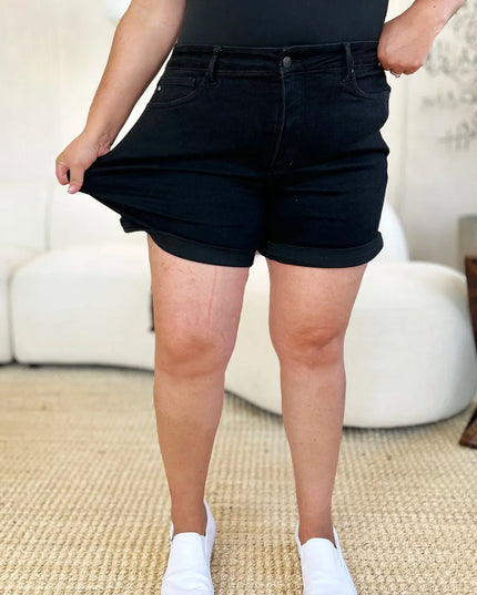 Judy Blue Full Size High Waist Tummy Control Cuffed Denim Shorts - THE AMERICAN BLUE