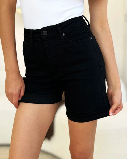 Judy Blue Full Size High Waist Tummy Control Cuffed Denim Shorts - THE AMERICAN BLUE