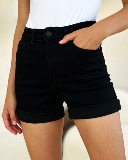 Judy Blue Full Size High Waist Tummy Control Cuffed Denim Shorts - THE AMERICAN BLUE