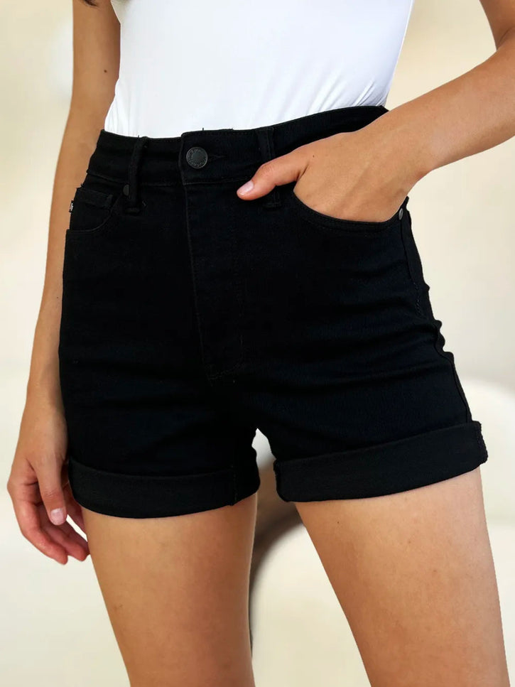 Judy Blue Full Size High Waist Tummy Control Cuffed Denim Shorts - THE AMERICAN BLUE