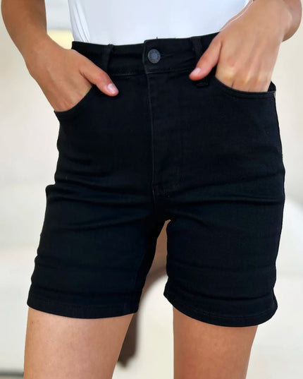 Judy Blue Full Size High Waist Tummy Control Cuffed Denim Shorts - THE AMERICAN BLUE