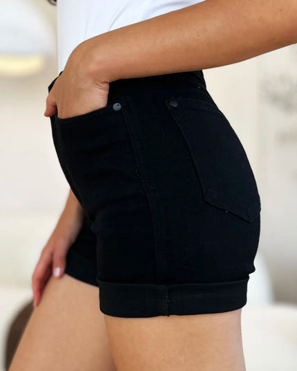 Judy Blue Full Size High Waist Tummy Control Cuffed Denim Shorts - THE AMERICAN BLUE