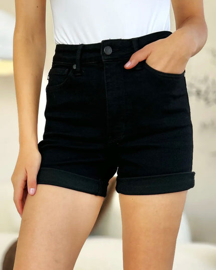 Judy Blue Full Size High Waist Tummy Control Cuffed Denim Shorts - THE AMERICAN BLUE