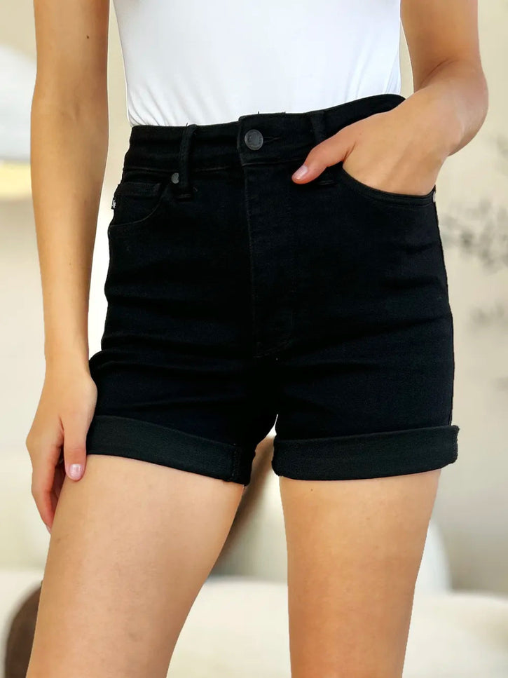 Judy Blue Full Size High Waist Tummy Control Cuffed Denim Shorts - THE AMERICAN BLUE