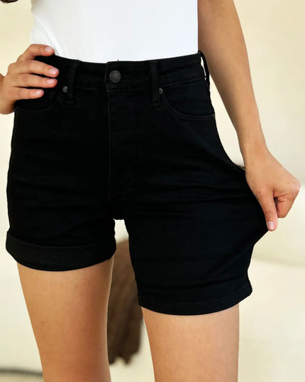 Judy Blue Full Size High Waist Tummy Control Cuffed Denim Shorts - THE AMERICAN BLUE