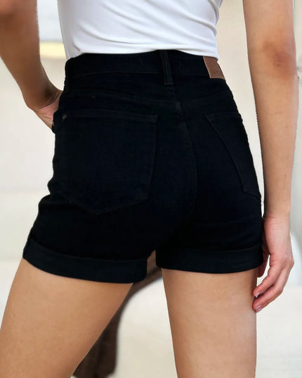 Judy Blue Full Size High Waist Tummy Control Cuffed Denim Shorts - THE AMERICAN BLUE