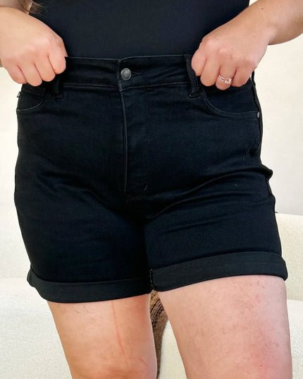 Judy Blue Full Size High Waist Tummy Control Cuffed Denim Shorts - THE AMERICAN BLUE