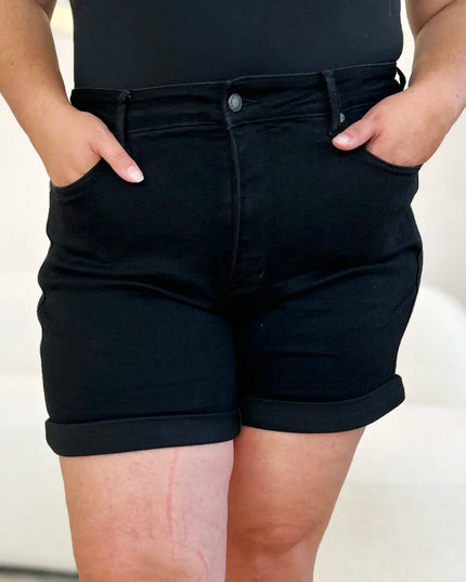 Judy Blue Full Size High Waist Tummy Control Cuffed Denim Shorts - THE AMERICAN BLUE