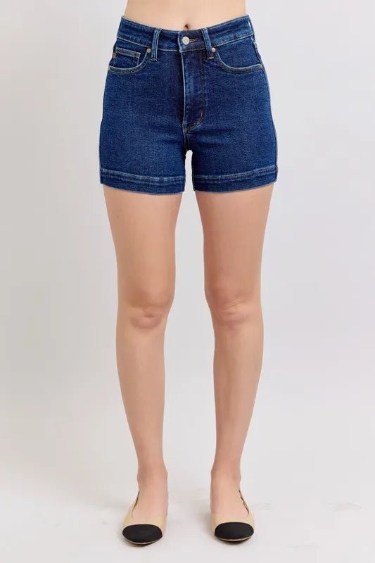 Judy Blue Full Size High Waist Tummy Control Denim Shorts Plus Size - THE AMERICAN BLUE