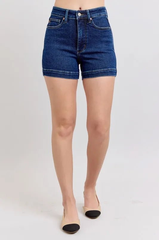 Judy Blue Full Size High Waist Tummy Control Denim Shorts Plus Size - THE AMERICAN BLUE