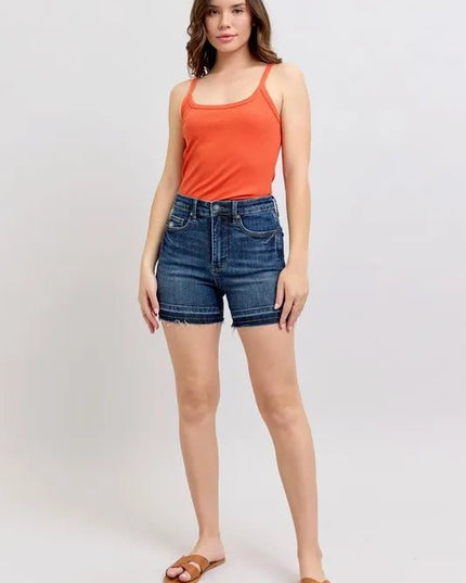 Judy Blue Full Size High Waist Tummy Control Destroy Release Hem Denim Shorts Plus Size - THE AMERICAN BLUE