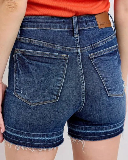 Judy Blue Full Size High Waist Tummy Control Destroy Release Hem Denim Shorts Plus Size - THE AMERICAN BLUE