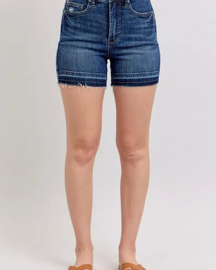 Judy Blue Full Size High Waist Tummy Control Destroy Release Hem Denim Shorts Plus Size - THE AMERICAN BLUE
