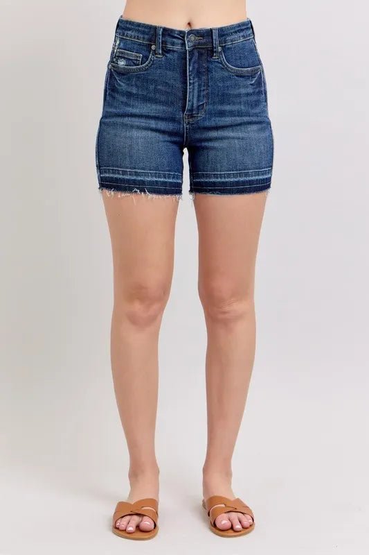 Judy Blue Full Size High Waist Tummy Control Destroy Release Hem Denim Shorts Plus Size - THE AMERICAN BLUE