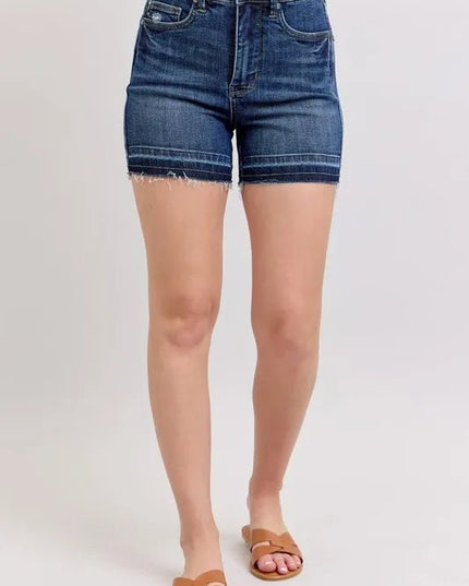 Judy Blue Full Size High Waist Tummy Control Destroy Release Hem Denim Shorts Plus Size - THE AMERICAN BLUE