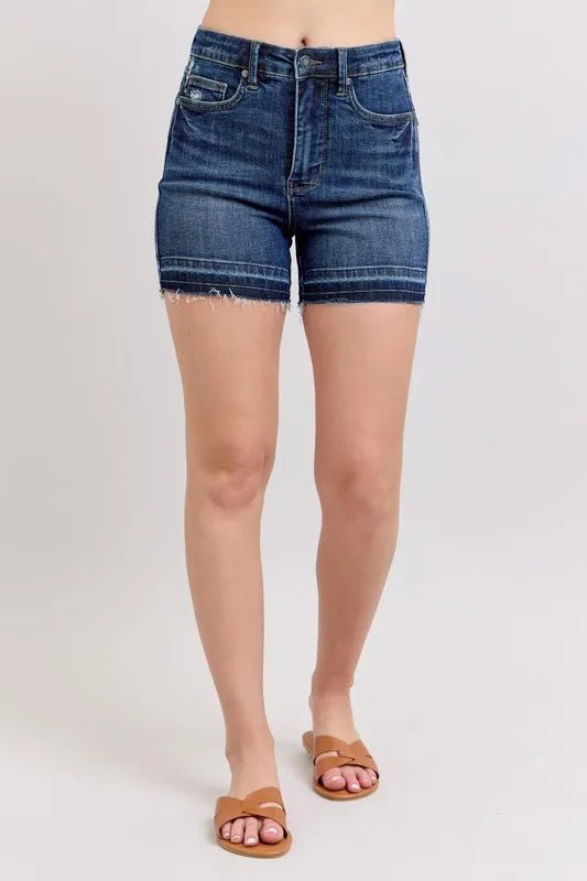 Judy Blue Full Size High Waist Tummy Control Destroy Release Hem Denim Shorts Plus Size - THE AMERICAN BLUE