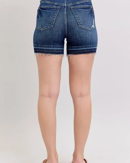 Judy Blue Full Size High Waist Tummy Control Destroy Release Hem Denim Shorts Plus Size - THE AMERICAN BLUE