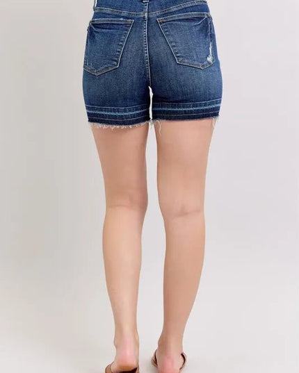 Judy Blue Full Size High Waist Tummy Control Destroy Release Hem Denim Shorts Plus Size - THE AMERICAN BLUE