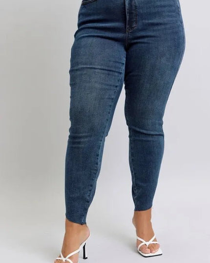 Judy Blue Full Size High Waist Tummy Control Step Hem Skinny Jeans Plus Size - THE AMERICAN BLUE