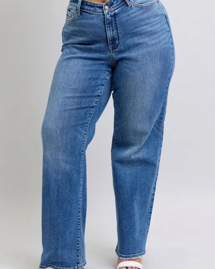 Judy Blue Full Size High Waist V - Front Vintage Wash Straight Jeans Plus Size - THE AMERICAN BLUE