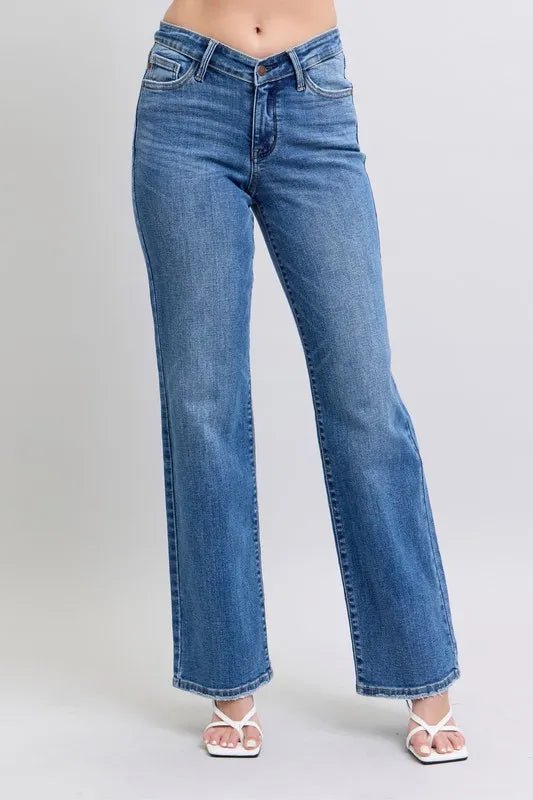 Judy Blue Full Size High Waist V - Front Vintage Wash Straight Jeans Plus Size - THE AMERICAN BLUE