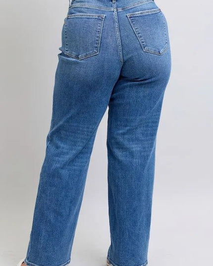 Judy Blue Full Size High Waist V - Front Vintage Wash Straight Jeans Plus Size - THE AMERICAN BLUE
