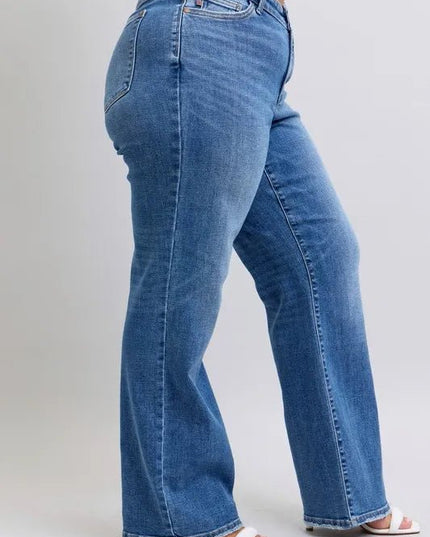 Judy Blue Full Size High Waist V - Front Vintage Wash Straight Jeans Plus Size - THE AMERICAN BLUE
