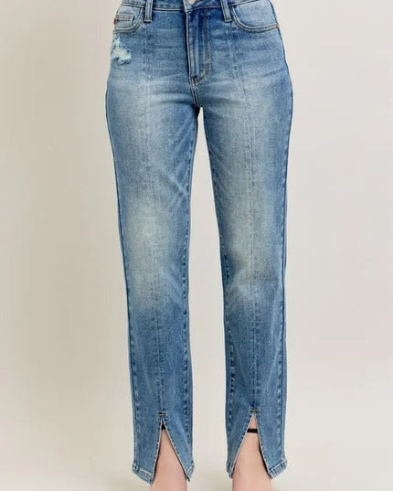 Judy Blue Full Size High Waist Vintage Wash Front Seam & Slit Straight Plus Size - THE AMERICAN BLUE