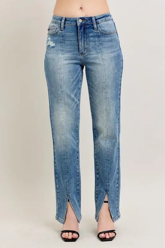 Judy Blue Full Size High Waist Vintage Wash Front Seam & Slit Straight Plus Size - THE AMERICAN BLUE