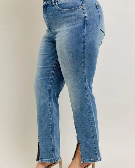 Judy Blue Full Size High Waist Vintage Wash Front Seam & Slit Straight Plus Size - THE AMERICAN BLUE