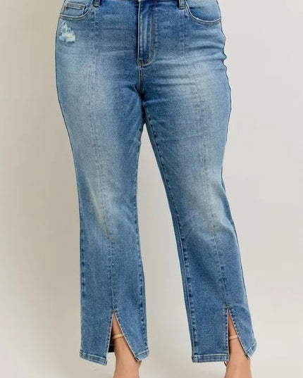 Judy Blue Full Size High Waist Vintage Wash Front Seam & Slit Straight Plus Size - THE AMERICAN BLUE