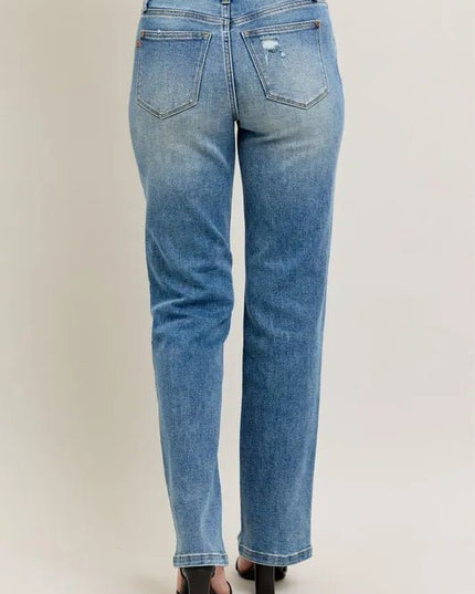 Judy Blue Full Size High Waist Vintage Wash Front Seam & Slit Straight Plus Size - THE AMERICAN BLUE