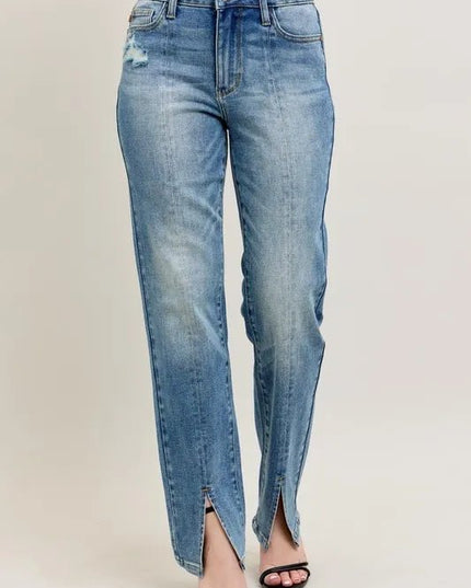 Judy Blue Full Size High Waist Vintage Wash Front Seam & Slit Straight Plus Size - THE AMERICAN BLUE