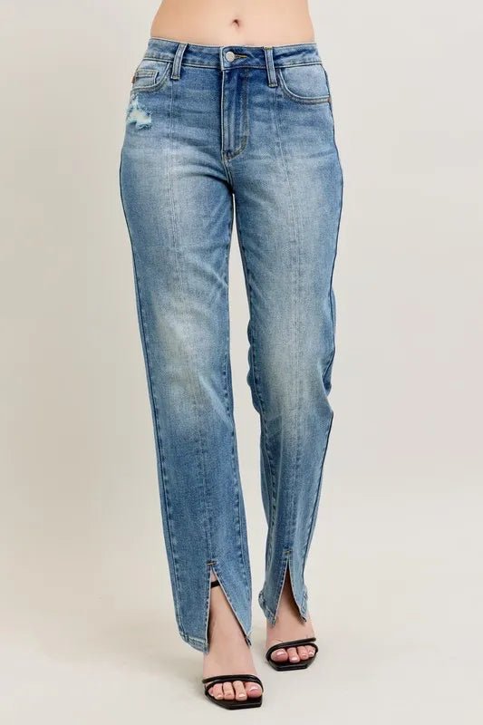 Judy Blue Full Size High Waist Vintage Wash Front Seam & Slit Straight Plus Size - THE AMERICAN BLUE