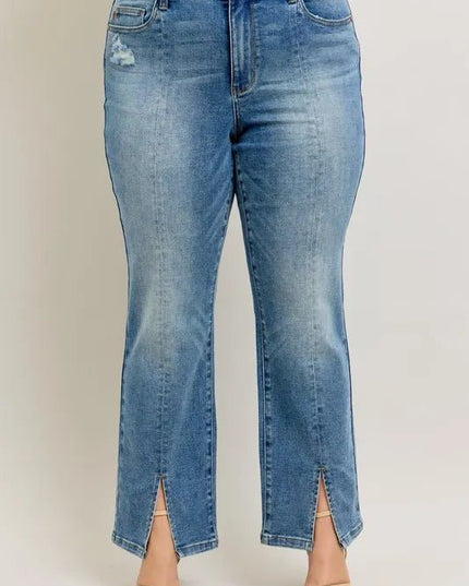Judy Blue Full Size High Waist Vintage Wash Front Seam & Slit Straight Plus Size - THE AMERICAN BLUE