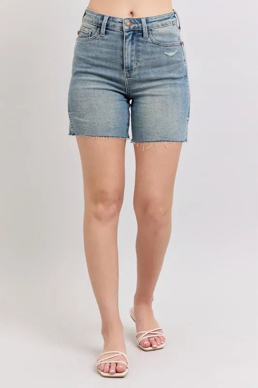 Judy Blue Full Size High Waist Vintage Wash Side Slit Denim Shorts Plus Size - THE AMERICAN BLUE