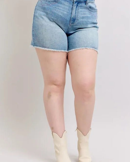 Judy Blue Full Size High Waist Western Embroidery Detail Cut Off Denim Shorts Plus Size - THE AMERICAN BLUE