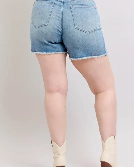 Judy Blue Full Size High Waist Western Embroidery Detail Cut Off Denim Shorts Plus Size - THE AMERICAN BLUE